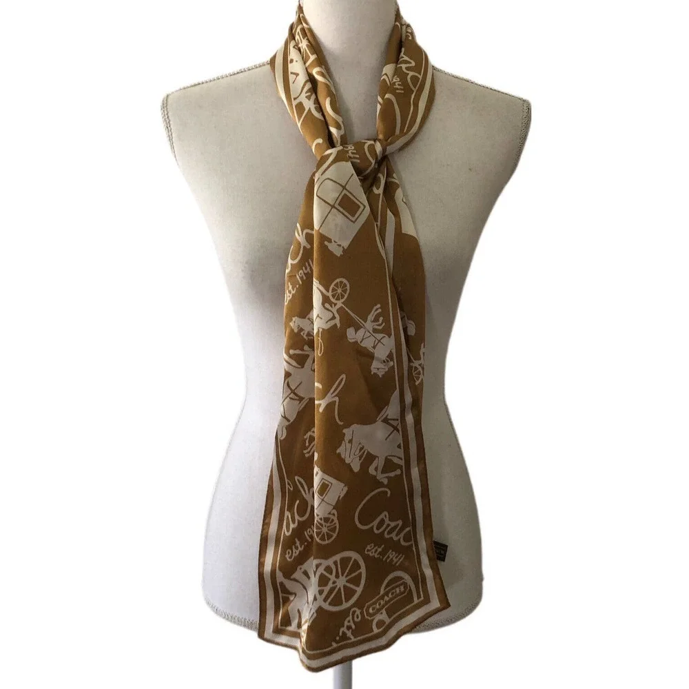 Coach scarf gold carriage pattern 100% silk 27×150 cm Used Japan